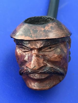 Vintage Mandarin Face Carved Shaped Tobacco Pipe Red Point Old Briar
