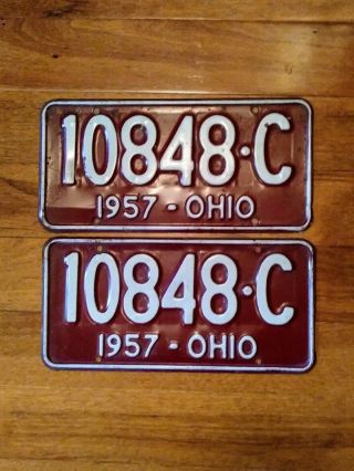 Vintage 1957 Ohio 10848c License Plate Matching Pair Two Plates Maroon