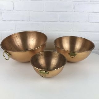 Vintage Round Bottom Rolled Lip Copper Mixing Bowl W/ Brass Ring Set Of 3