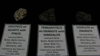 3 Historic Specimens Calcite,  Enargite,  Covellite Leonard Mine Butte Montana