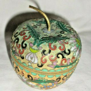 Vintage Trinket Jewelry Box Apple Shaped Enamel Hand Painted Brass Round Flowers