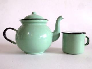Made In Poland Green & Black Enamel 6 " Teapot W/ Enamelware Cup
