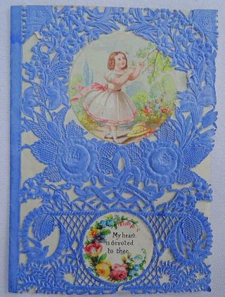Victorian Paper Lace Antique Greeting Card Valentine Blue Printed Young Girl