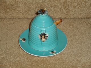 Rare Vintage Ceramic Turquoise Blue,  Bee Hive Honey Pot With Plate,  Wood Dipper