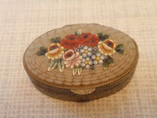 Vintage Micro Mosaic Inlaid Floral Embossed Millefiori Oval Pill Trinket Box