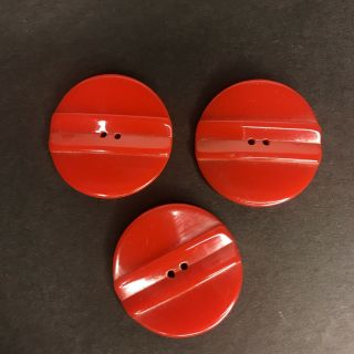 3 Bakelite Cherry Red Round Buttons Two Hole Matched Set Carved 1.  5 " Vtg Large