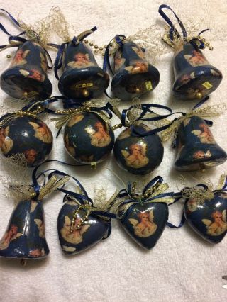 Set Of 12 Decoupage Angel Ball Heart & Bell Christmas Ornaments