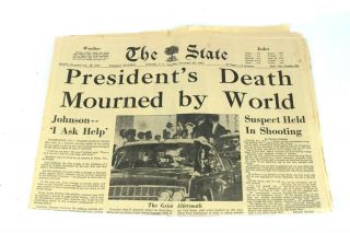 John F Kennedy Assassination Newspaper South Carolina The State Nov 23,  1963