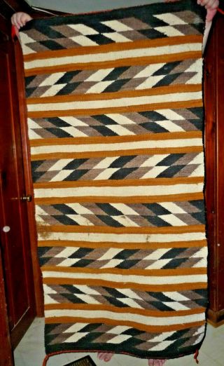 Wool Navajo Rug,  58 " X 29 - 1/2 ",  Black,  White,  Brown,  Gray