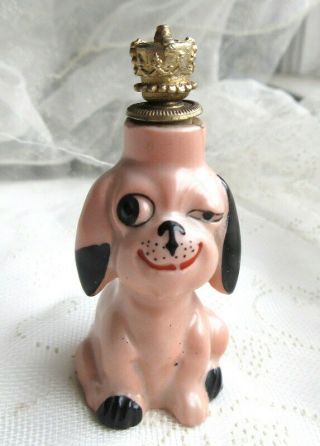 Miniature Vintage Painted Pink Enamel Porcelain Puppy Dog Perfume Bottle Crown