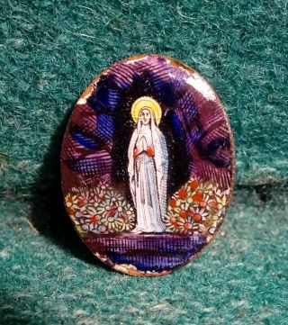 Our Lady Of Lourdes In The Holy Grotto Old Enamel Medal 16mm