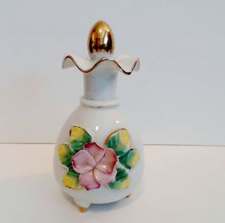 Porcelain Perfume Bottle Hand Painted Applied Flowers Stopper Gold Trim Euc Vtg