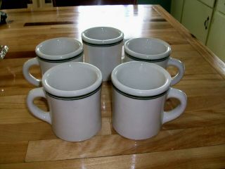 Set Of 5 Vintage Victor Restaurant Ware Coffee Mugs White With Green Stripe