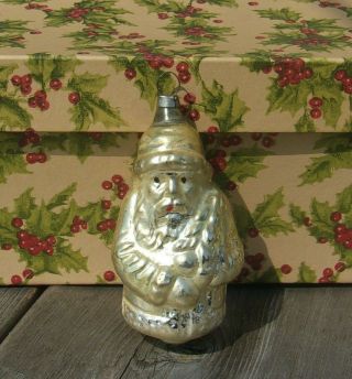 Antique Golden Glass Belsnickle Santa Ornament W Feather Tree Vintage Christmas