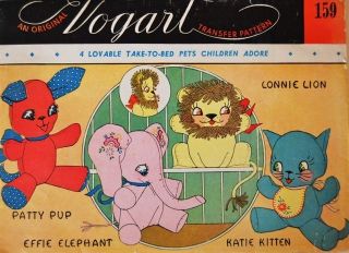 Vogart 159 Vintage Doll Stuffed Animal Pattern Elephant Cat Dog Lion