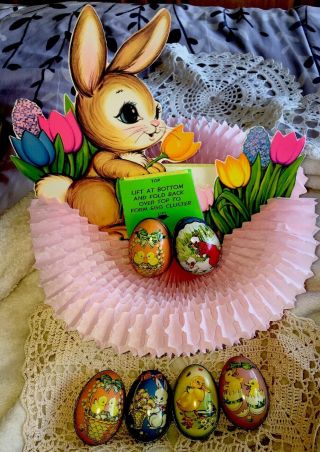 6 Vintage Metal Tin Litho Egg Candy Container England 1 Beistle Tissue Bunny 