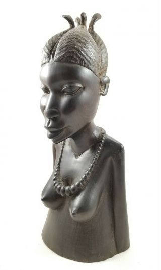 Hand Carved African Tribal Woman Necklace Ebony Wood Statue Bust Signed Samweli