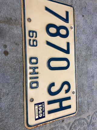 1969 Ohio Blue On White License Plate With Tag