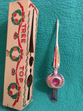 Vtg Glass 11 1/2” Christmas Tree Topper W/indents Pink& Aqua Made In Poland