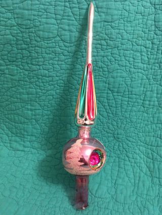 VTG Glass 11 1/2” Christmas Tree Topper W/Indents Pink& Aqua Made In Poland 2