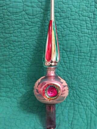 VTG Glass 11 1/2” Christmas Tree Topper W/Indents Pink& Aqua Made In Poland 3