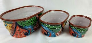 3 Piece Oval Planter Pot Trough Mexican Talavera Ceramic Pottery Fully Glazed