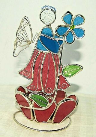 Leaded Stained Glass Angel Holding Flower Votive Candle Holder Pink Blue Green