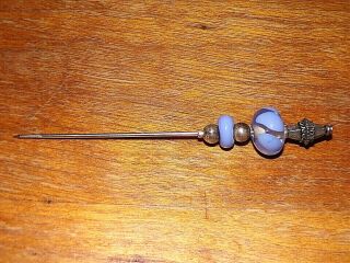 Antique Glass Bead Swirl Silver Vintage Ladies Hat Pin Stick Early Estate Blue