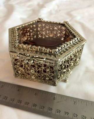 Vintage Jewelry Trinket Box Beveled Glass Top Silver Tone Filigree Velvet Lined