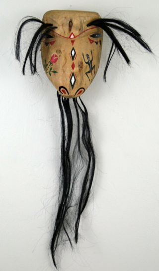 Pasqua Yaqui Native American Indian Hand - Carved Crown Mask W/ Horse Hair Trim