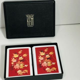 Vtg Kem Double Set Of Plastic Playing Cards In Case Leaves Fall Autumn Usa