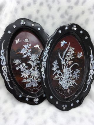 Vintage Black Lacquer & Mother of Pearl Korean Wall Tray Floral Landscape 2
