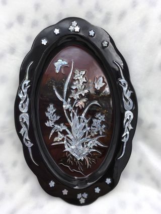 Vintage Black Lacquer & Mother of Pearl Korean Wall Tray Floral Landscape 3
