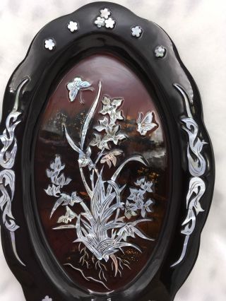 Vintage Black Lacquer & Mother of Pearl Korean Wall Tray Floral Landscape 4
