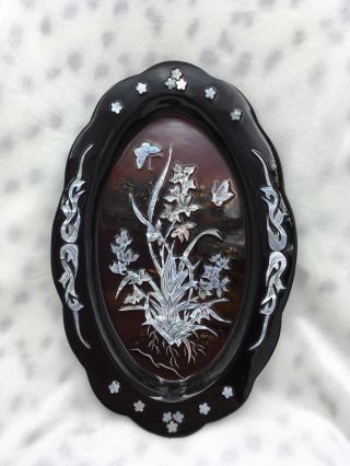 Vintage Black Lacquer & Mother of Pearl Korean Wall Tray Floral Landscape 5