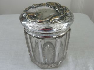 Antique Victorian Glass Vanity Dresser Jar Or Trinket Holder Silver Plated Lid
