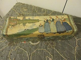 Antique Victorian Celluloid Dresser Vanity Box With Dutch Ladies Family Outing