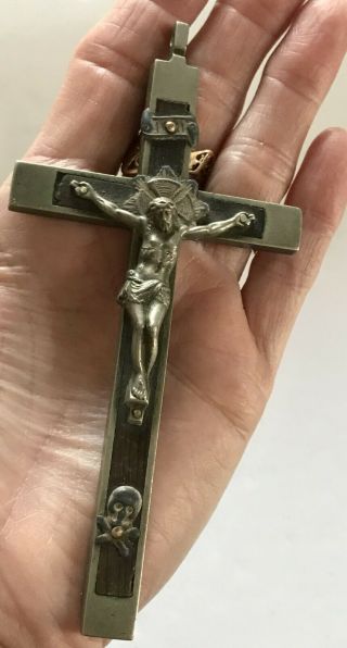 Vintage Crucifix Ebony Brass Skull Crossbones Nun Priest Faith Cross 5 " L