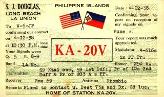 Ka20v S.  J.  Douglas Philippine Islands 1938 Vintage Ham Radio Qsl Card