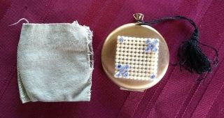 Vintage Mid - Century Brass Faux Pearl Ladies Mirror Powder Compact Pouch