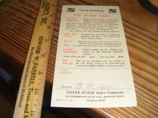 1931 Buick Eight Cars Order Reminder Card Prices - Noyes Boston Ma