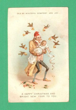 Rare Signed Castelli Bros.  Christmas/ny Card Old Man Winter Baby Ny Birds Bells