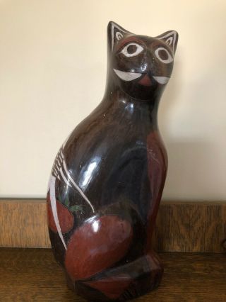 Vintage Mexican Tonala Hand Painted Folk Art Pottery Huge Cat