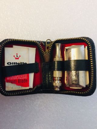 Vintage Mini 2” Gillette Safety Razor Travel Kit w/ Leather Case Western Germany 5