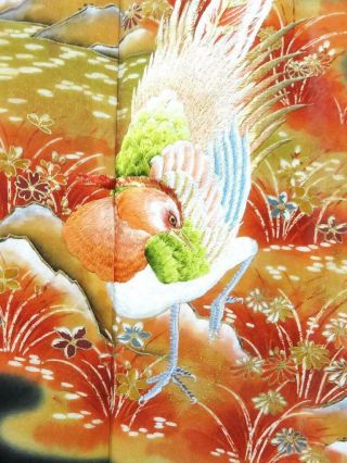 01vbcf 1758 Silk Vintage Tomesode Fabric Japanese Kimono Embroidery Bird