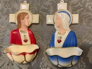2 Vintage Holy Water Fonts,  Hartland Plastic (pre - 1965) Mary & Jesus 5 "