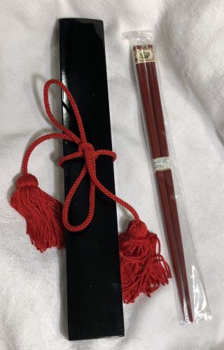 Japanese Red Lacquer Chopsticks With Black Lacquer Case Label Japan