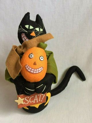 Halloween Scat Black Cat And Jack O Lantern Weighted Felt Sculpture Decoration