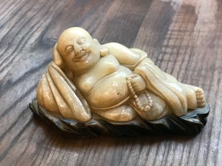 Vintage Happy Buddha Lying Down Carved White Yellowish Jade