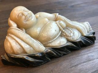 Vintage Happy Buddha Lying Down Carved White Yellowish Jade 2